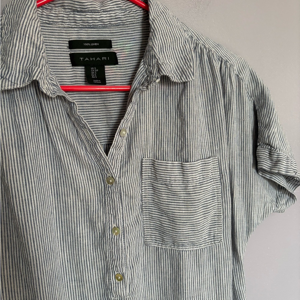 Tahari Shirt Dress Womens SM Blue White Striped 100% Linen Button Front Collared - Picture 2 of 4